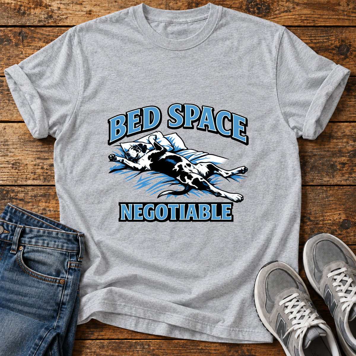 Bed Space Negotiable Great Dane graphic T-shirt in Sport Grey, shown on a flat-lay shirt mockup