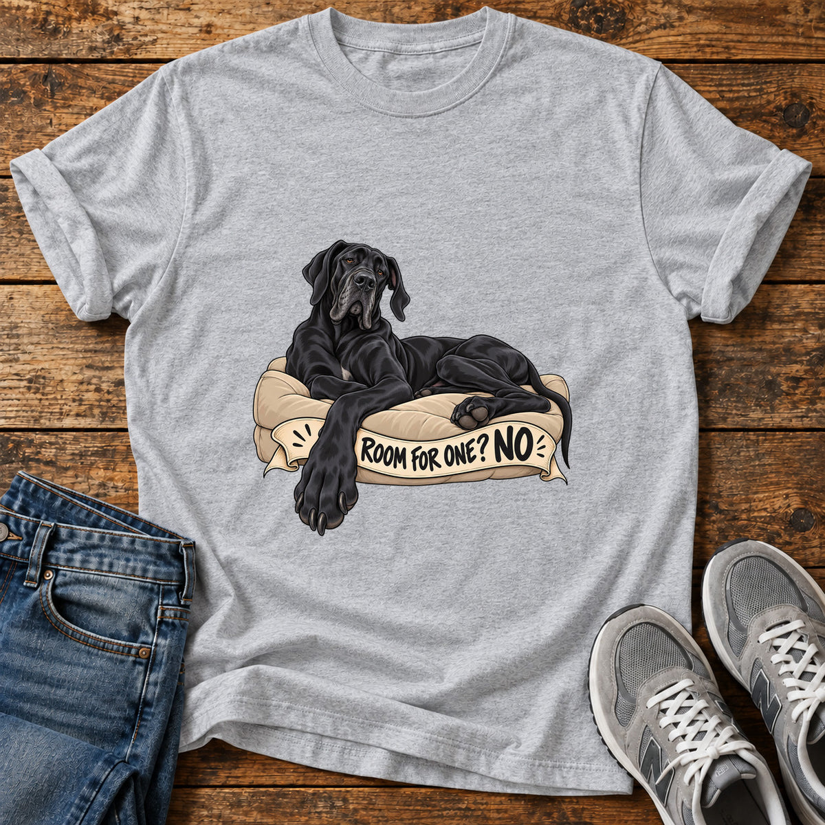 Room For One Great Dane graphic T-shirt in Sport Grey, shown on a flat-lay shirt mockup