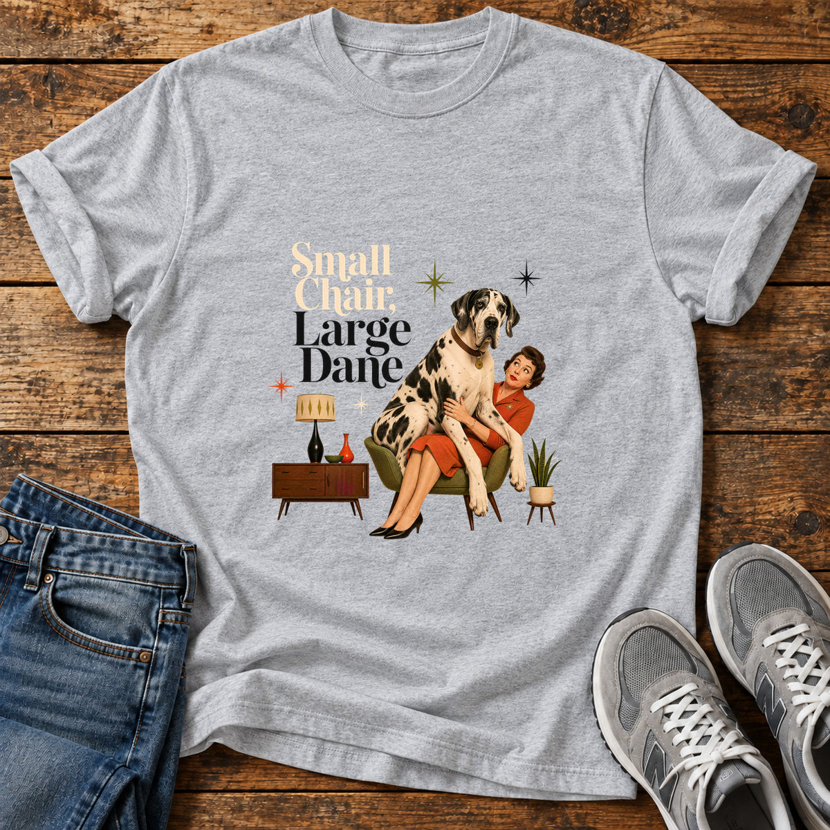 Small Chair Great Dane graphic T-shirt in Sport Grey, shown on a flat-lay shirt mockup