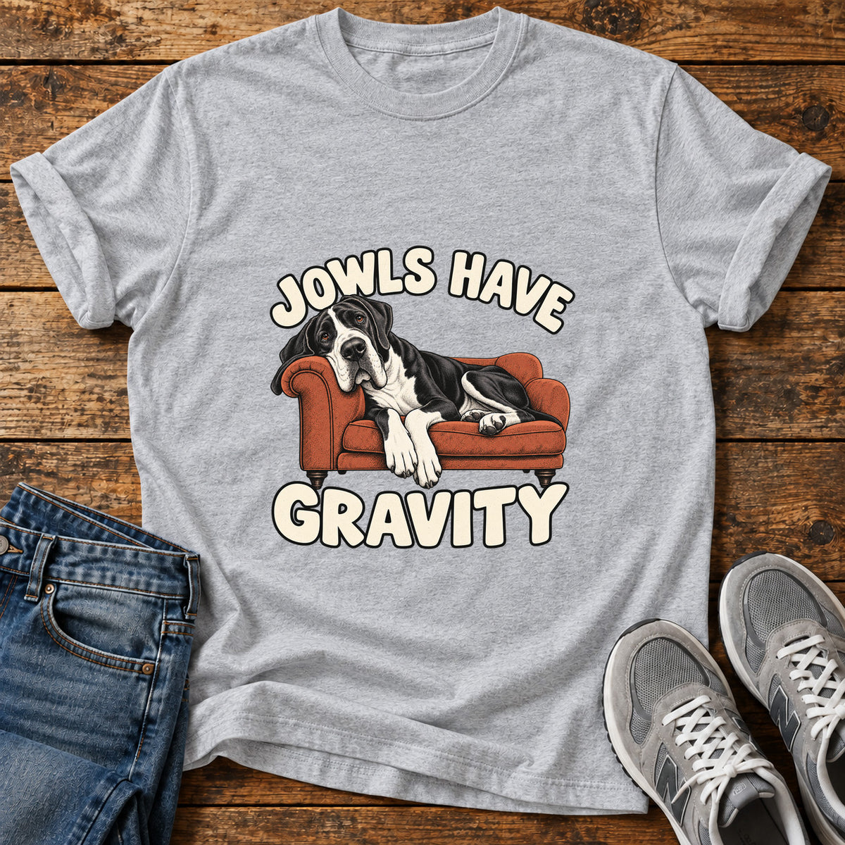 Jowls Gravity Great Dane graphic T-shirt in Sport Grey, shown on a flat-lay shirt mockup