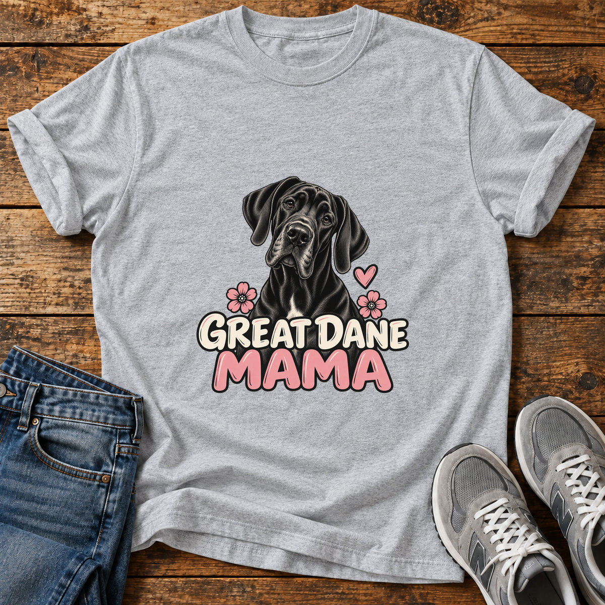 Great Dane Mama graphic T-shirt in Sport Grey, shown on a flat-lay shirt mockup