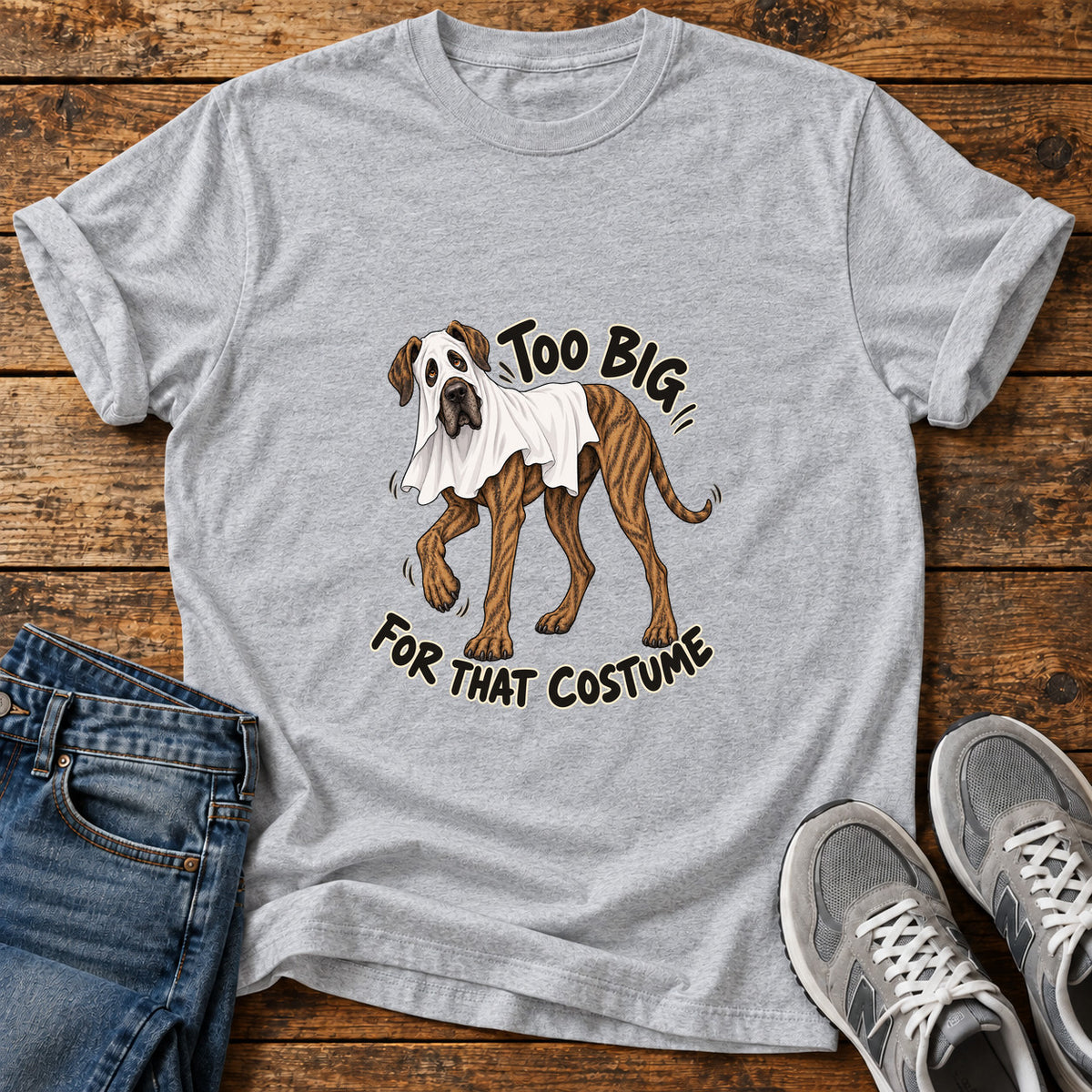 Too Big Costume Great Dane graphic T-shirt in Sport Grey, shown on a flat-lay shirt mockup