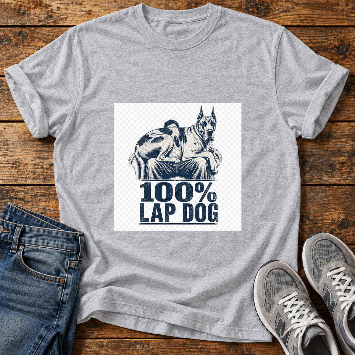 100% Lap Dog Great Dane graphic T-shirt in Sport Grey, shown on a flat-lay shirt mockup