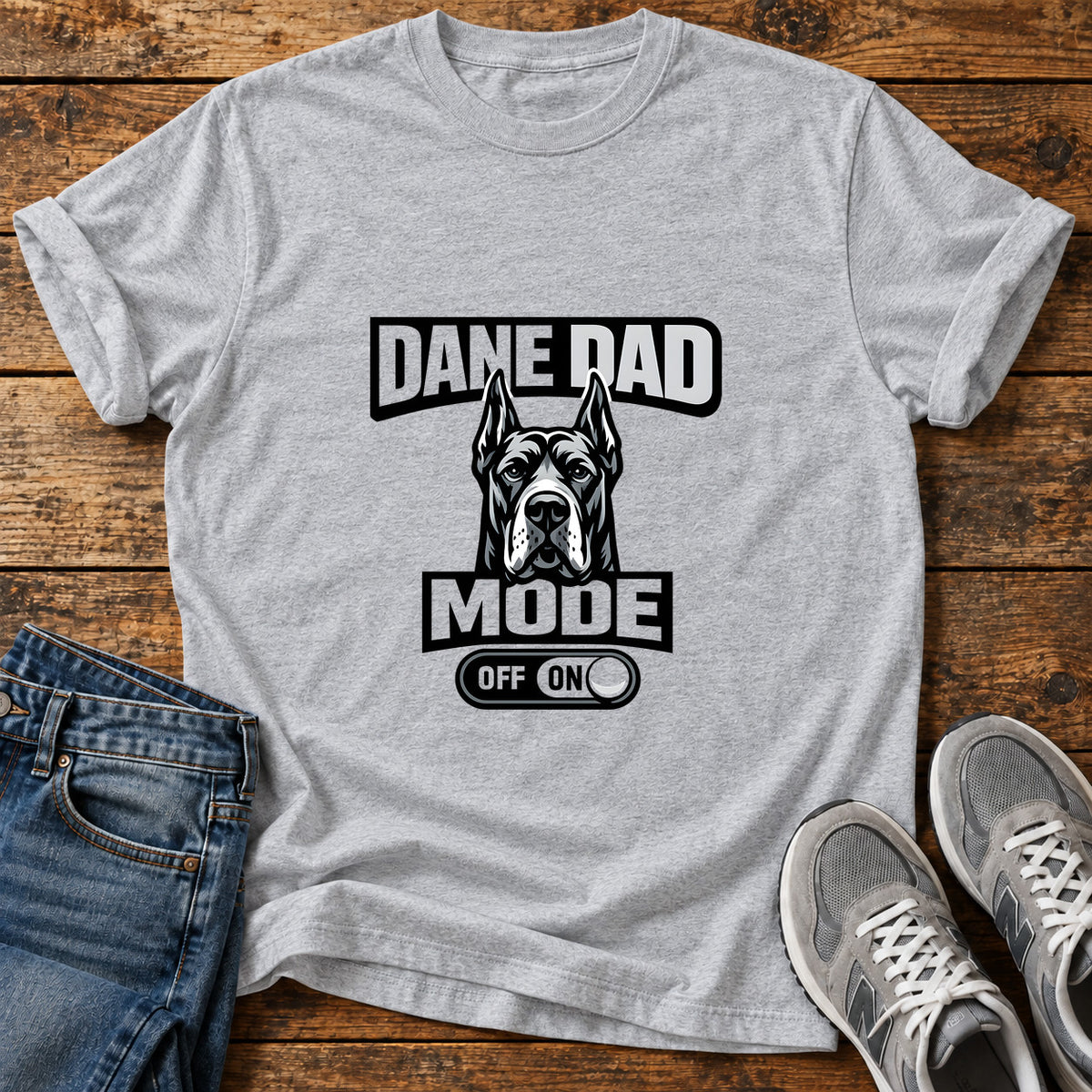 Dane Dad Mode Great Dane graphic T-shirt in Sport Grey, shown on a flat-lay shirt mockup