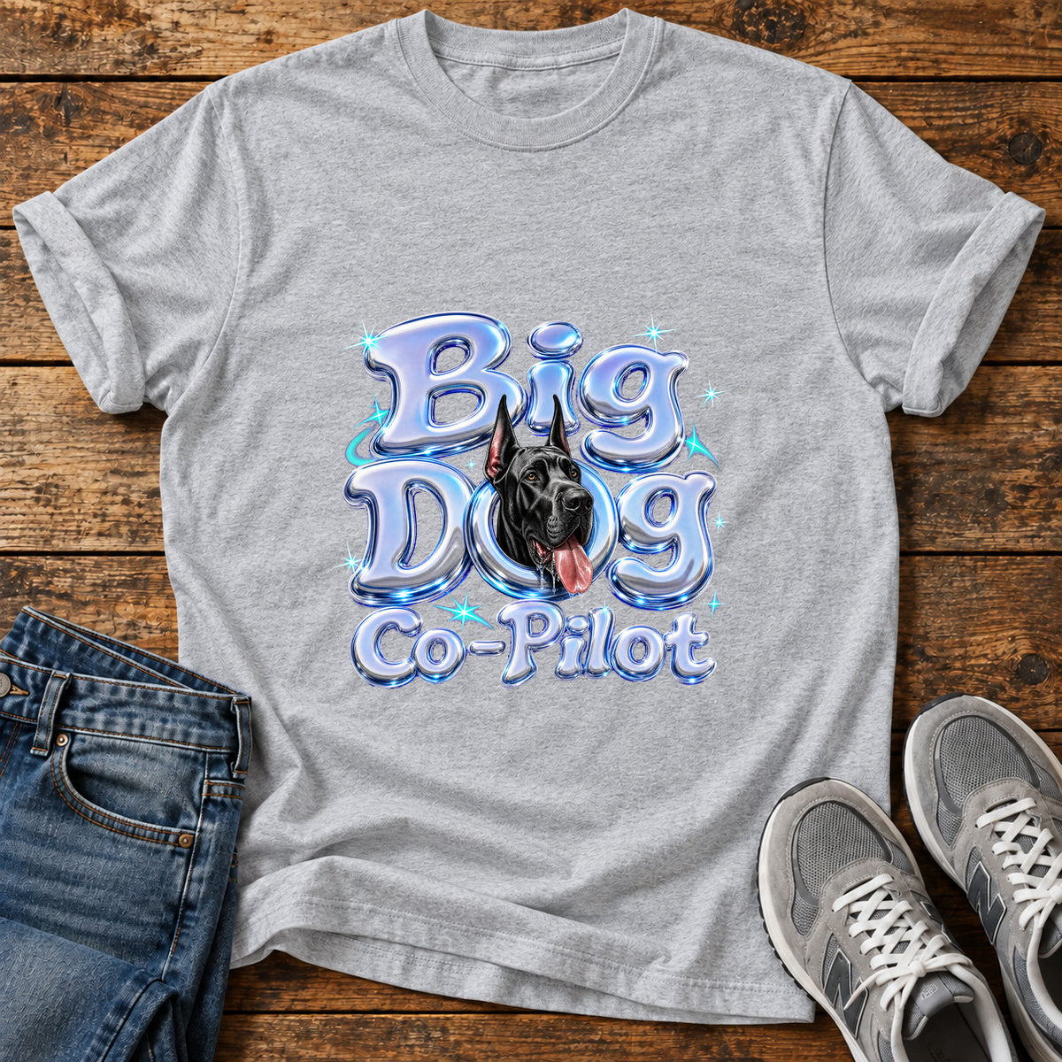 Big Dog Co-Pilot Great Dane graphic T-shirt in Sport Grey, shown on a flat-lay shirt mockup