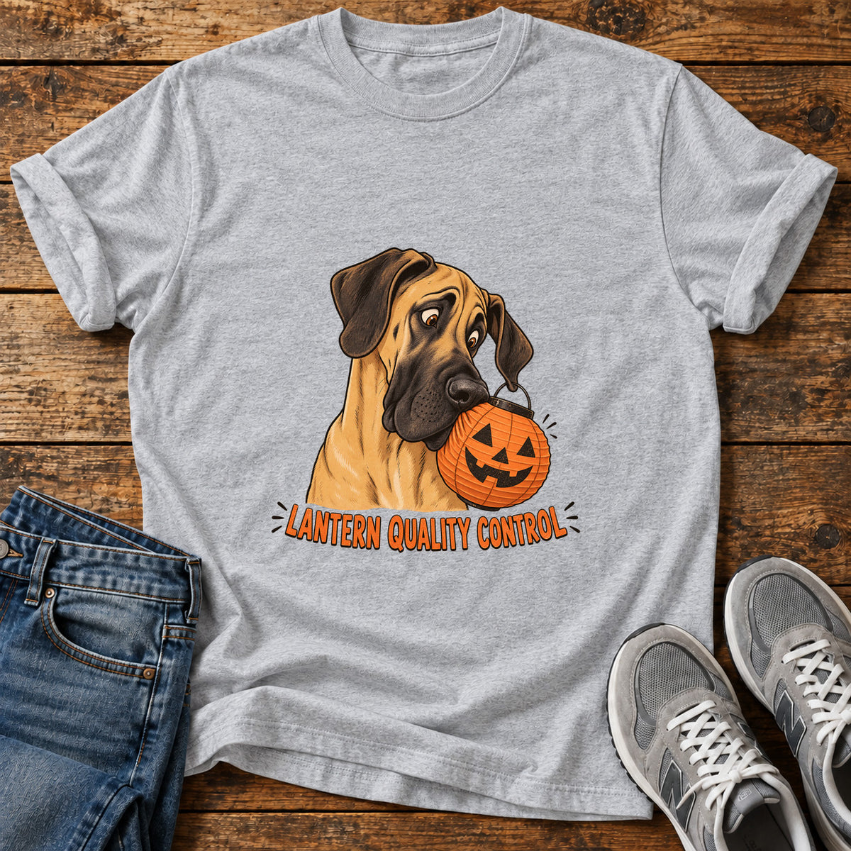 Lantern Quality Control Great Dane graphic T-shirt in Sport Grey, shown on a flat-lay shirt mockup