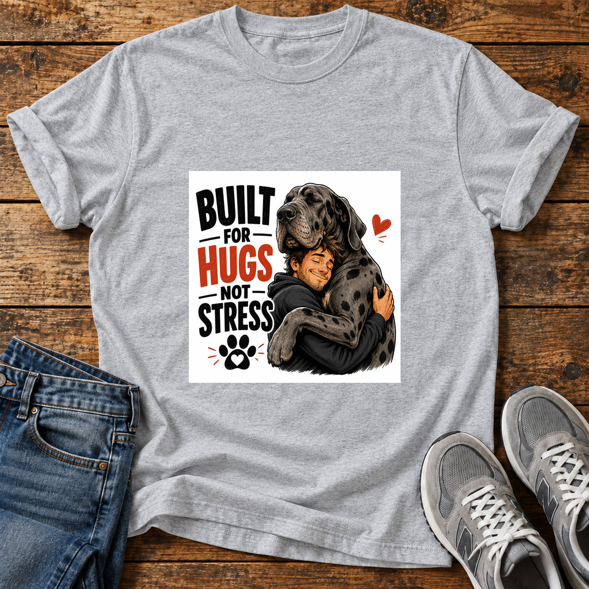 Built For Hugs Great Dane graphic T-shirt in Sport Grey, shown on a flat-lay shirt mockup