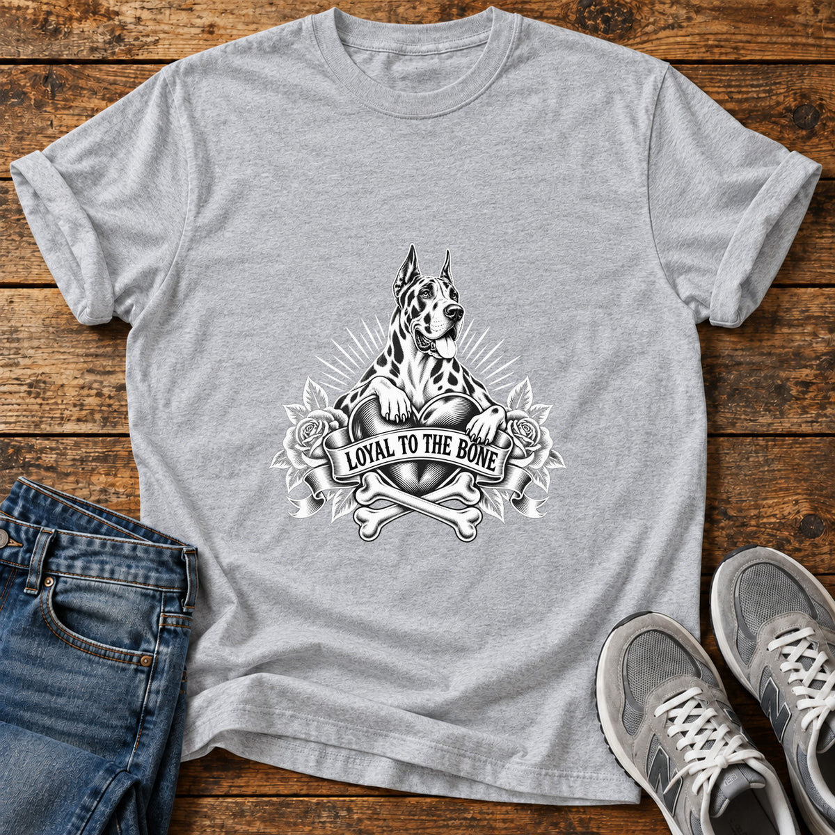 Loyal To The Great Dane graphic T-shirt in Sport Grey, shown on a flat-lay shirt mockup