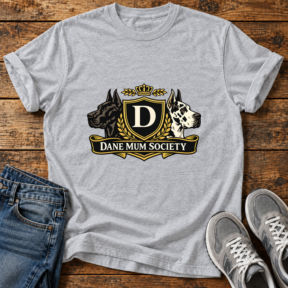 Dane Mum Society Great Dane graphic T-shirt in Sport Grey, shown on a flat-lay shirt mockup
