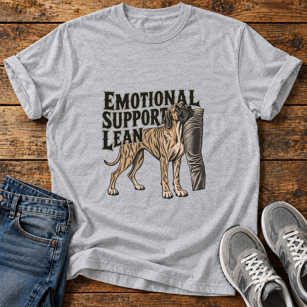 Emotional Support Lean Great Dane graphic T-shirt in Sport Grey, shown on a flat-lay shirt mockup