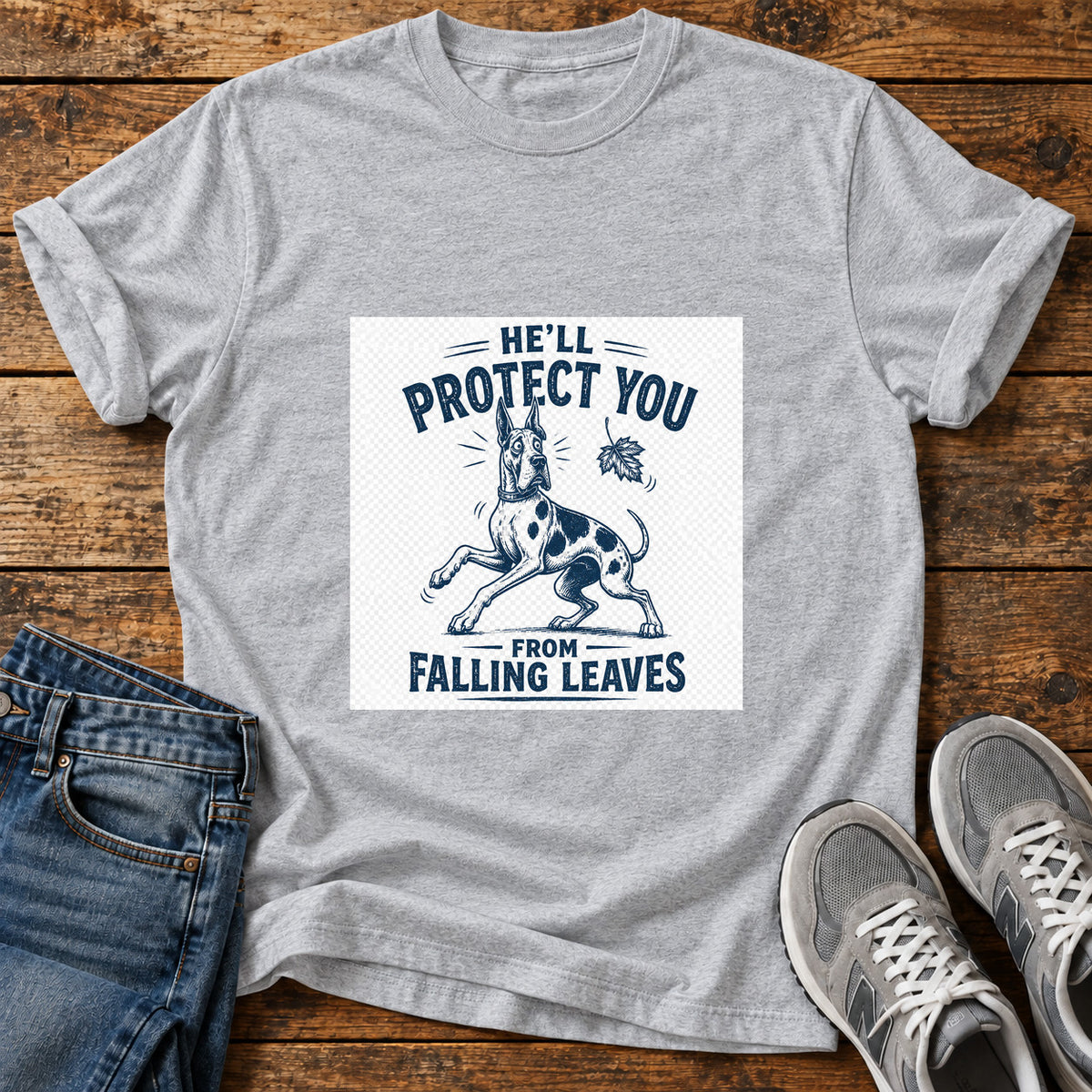 Protective Pooch Great Dane graphic T-shirt in Sport Grey, shown on a flat-lay shirt mockup