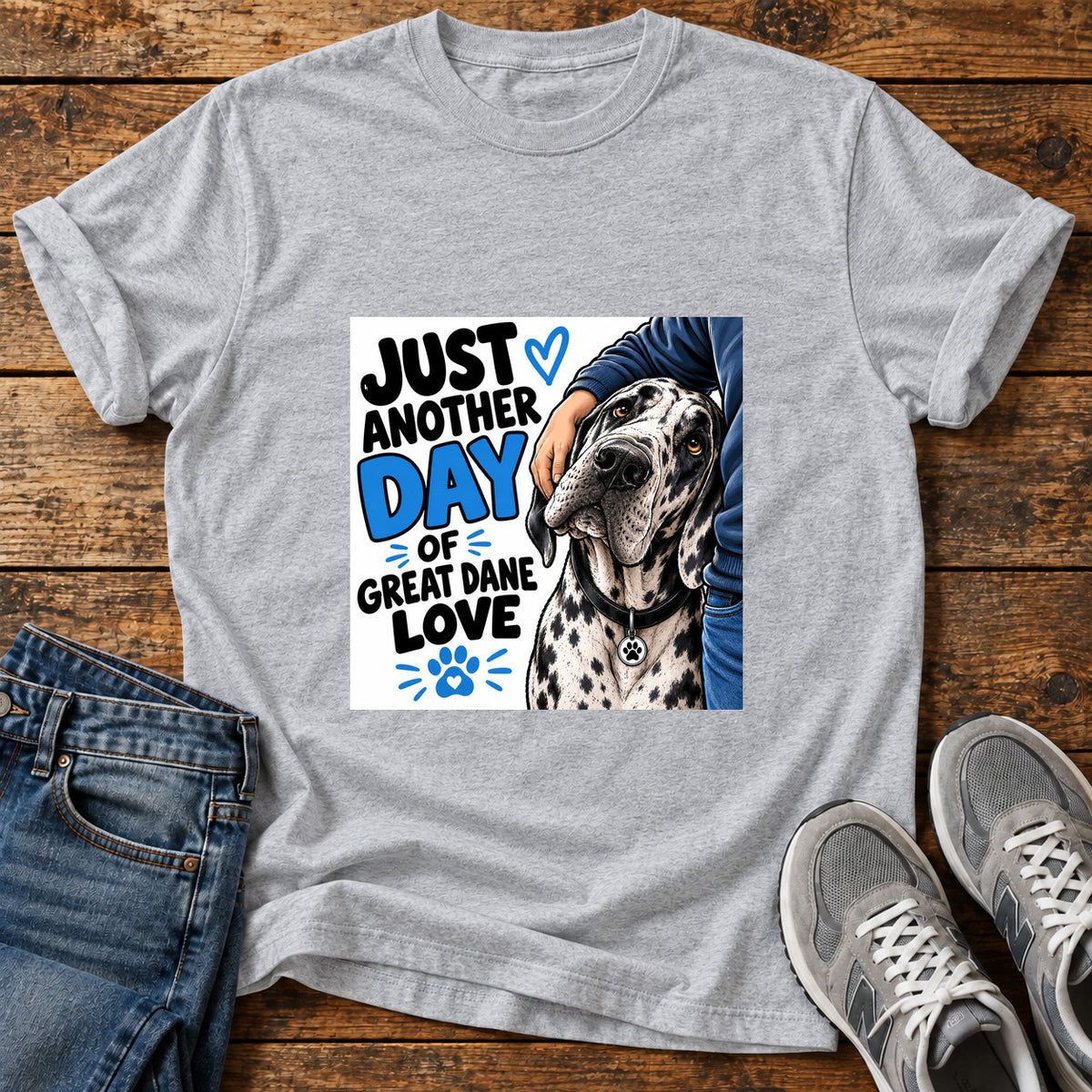 Great Dane Love graphic T-shirt in Sport Grey, shown on a flat-lay shirt mockup