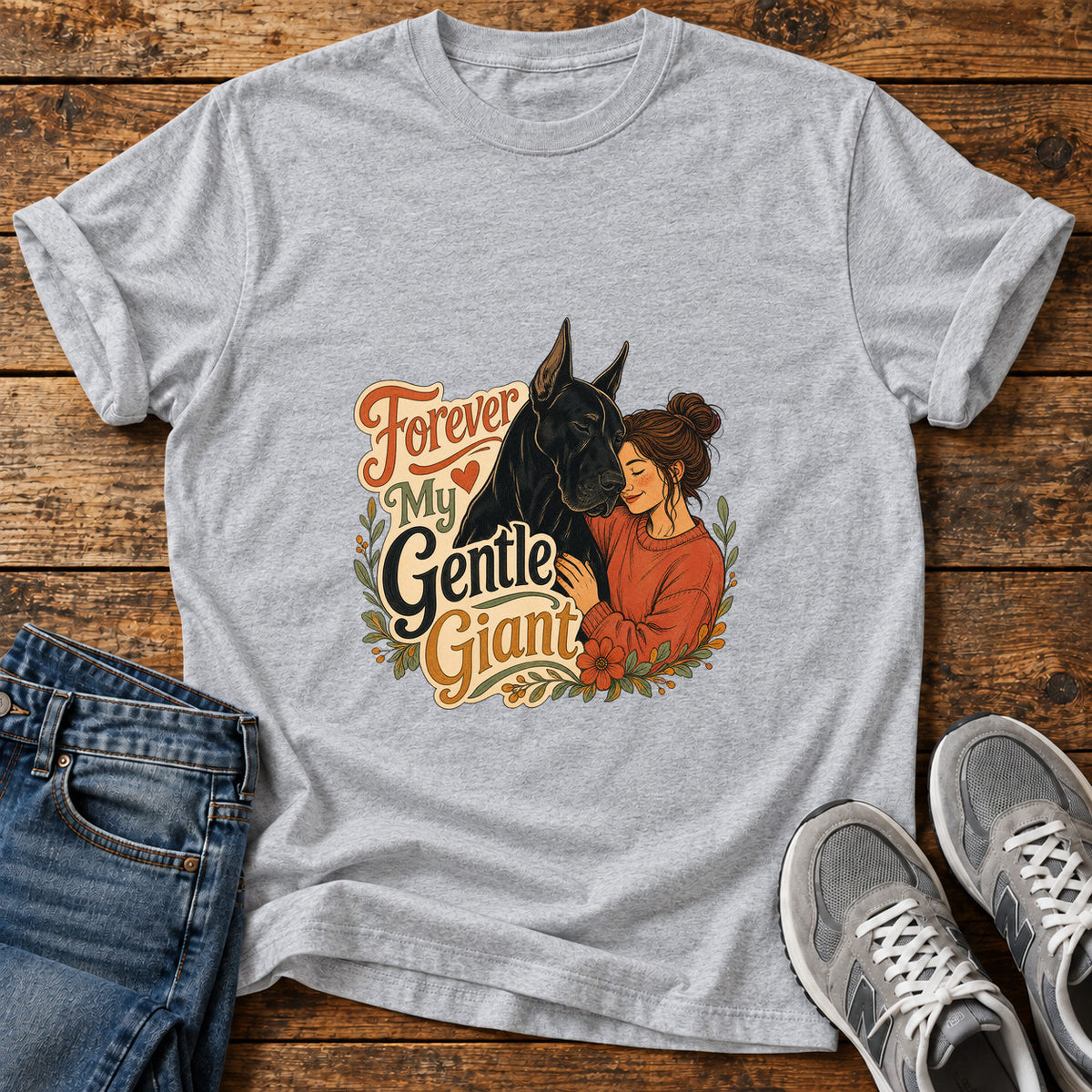 Forever My Giant Great Dane graphic T-shirt in Sport Grey, shown on a flat-lay shirt mockup