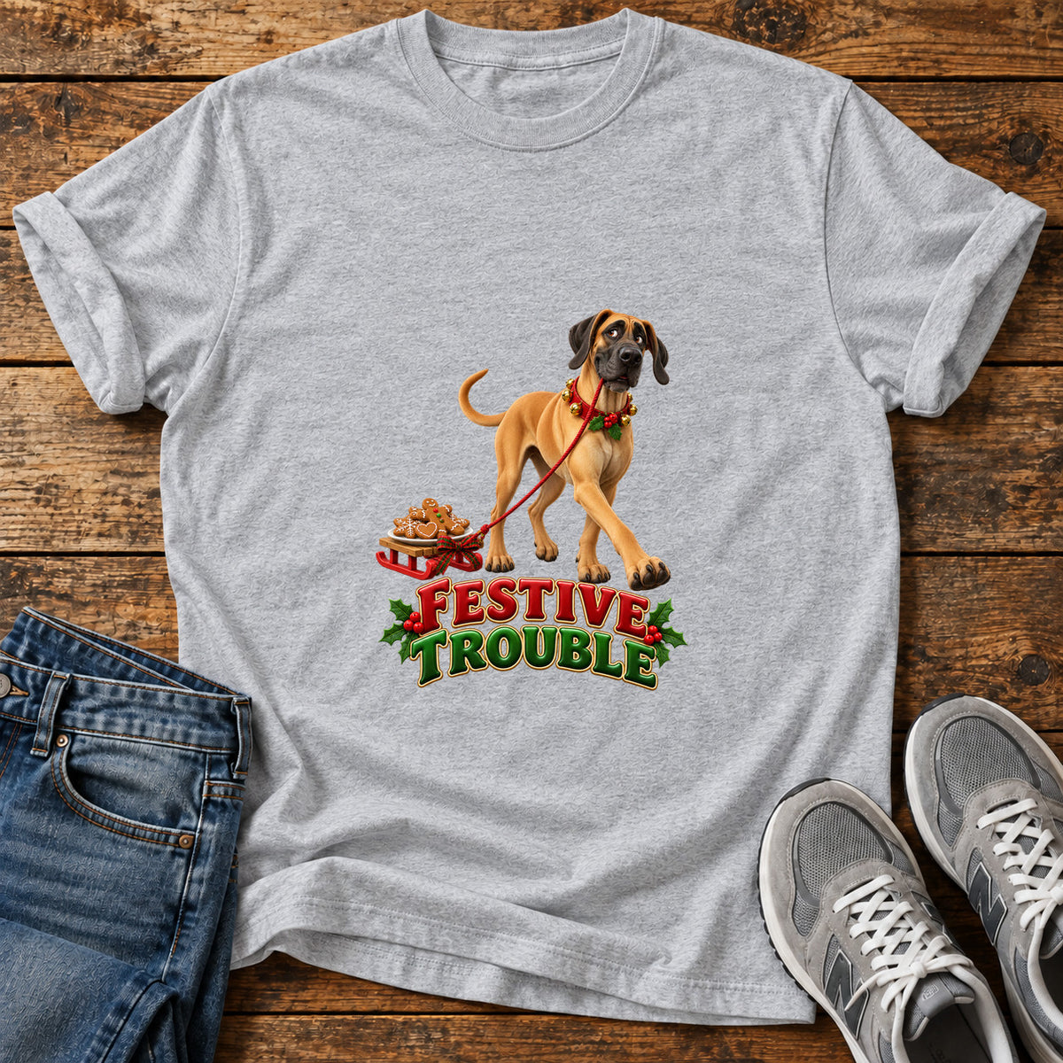 Festive Trouble Great Dane graphic T-shirt in Sport Grey, shown on a flat-lay shirt mockup