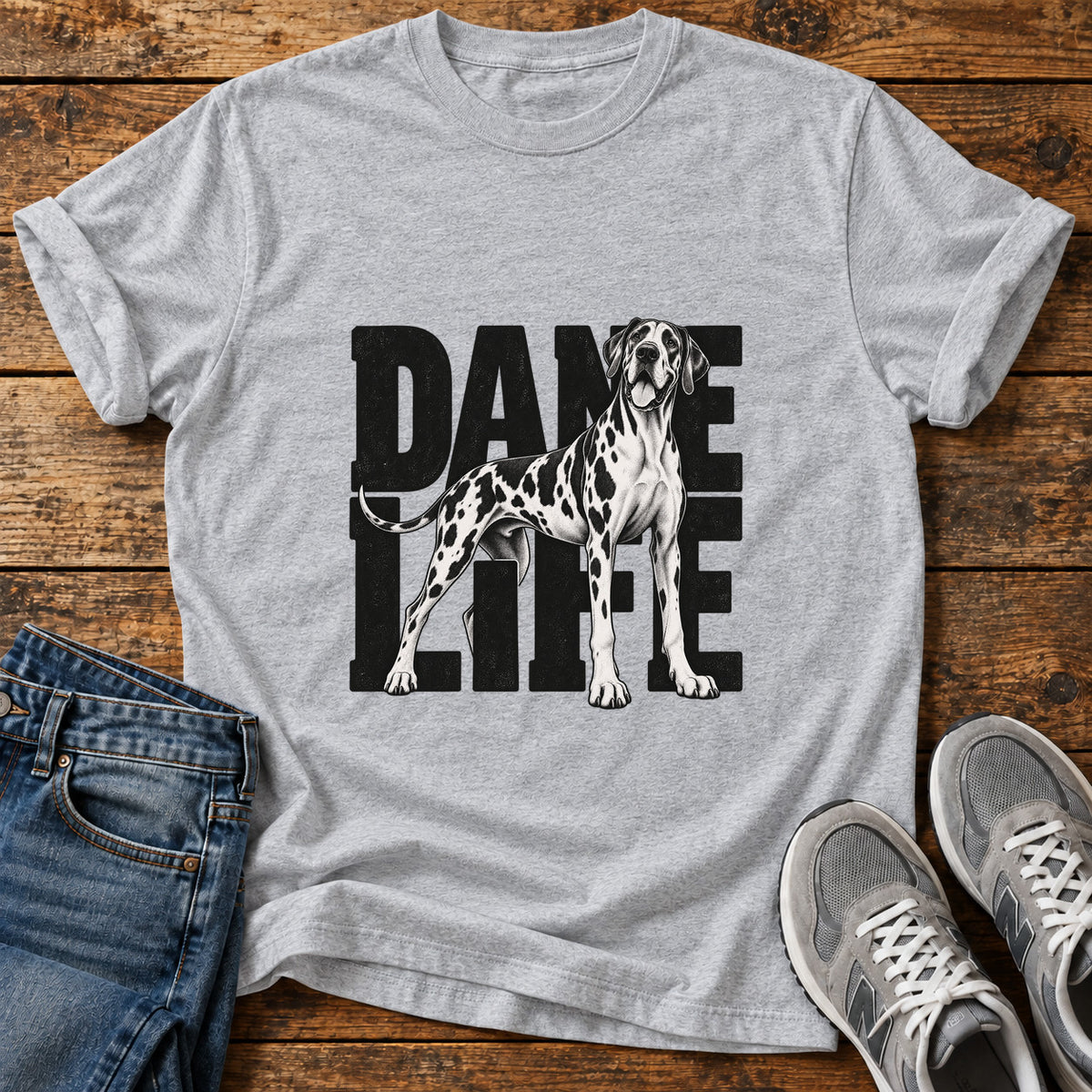 Dane Life Great Dane graphic T-shirt in Sport Grey, shown on a flat-lay shirt mockup