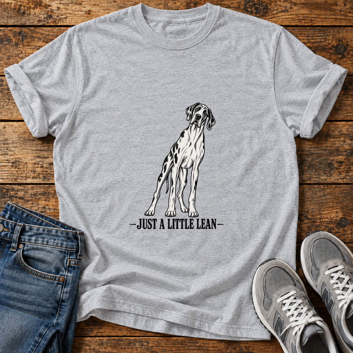 Just A Lean Great Dane graphic T-shirt in Sport Grey, shown on a flat-lay shirt mockup