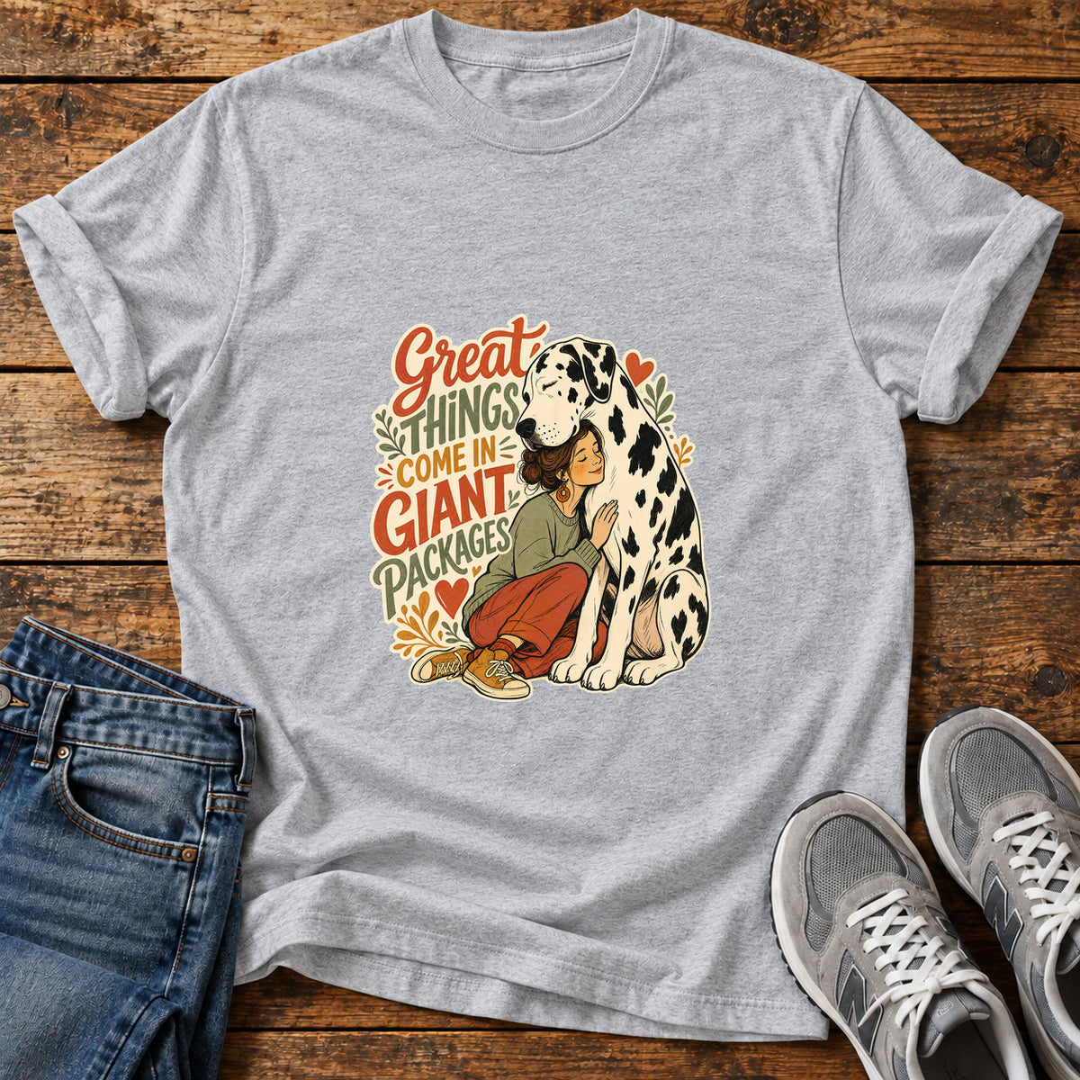 Giant Packages Great Dane graphic T-shirt in Sport Grey, shown on a flat-lay shirt mockup