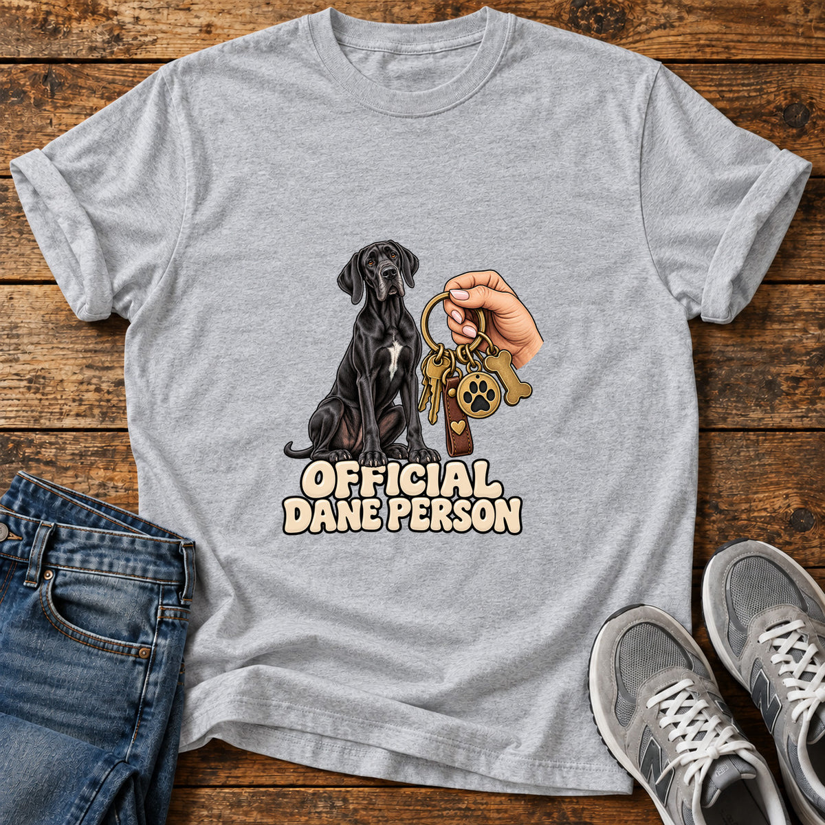 Official Dane Person Great Dane graphic T-shirt in Sport Grey, shown on a flat-lay shirt mockup
