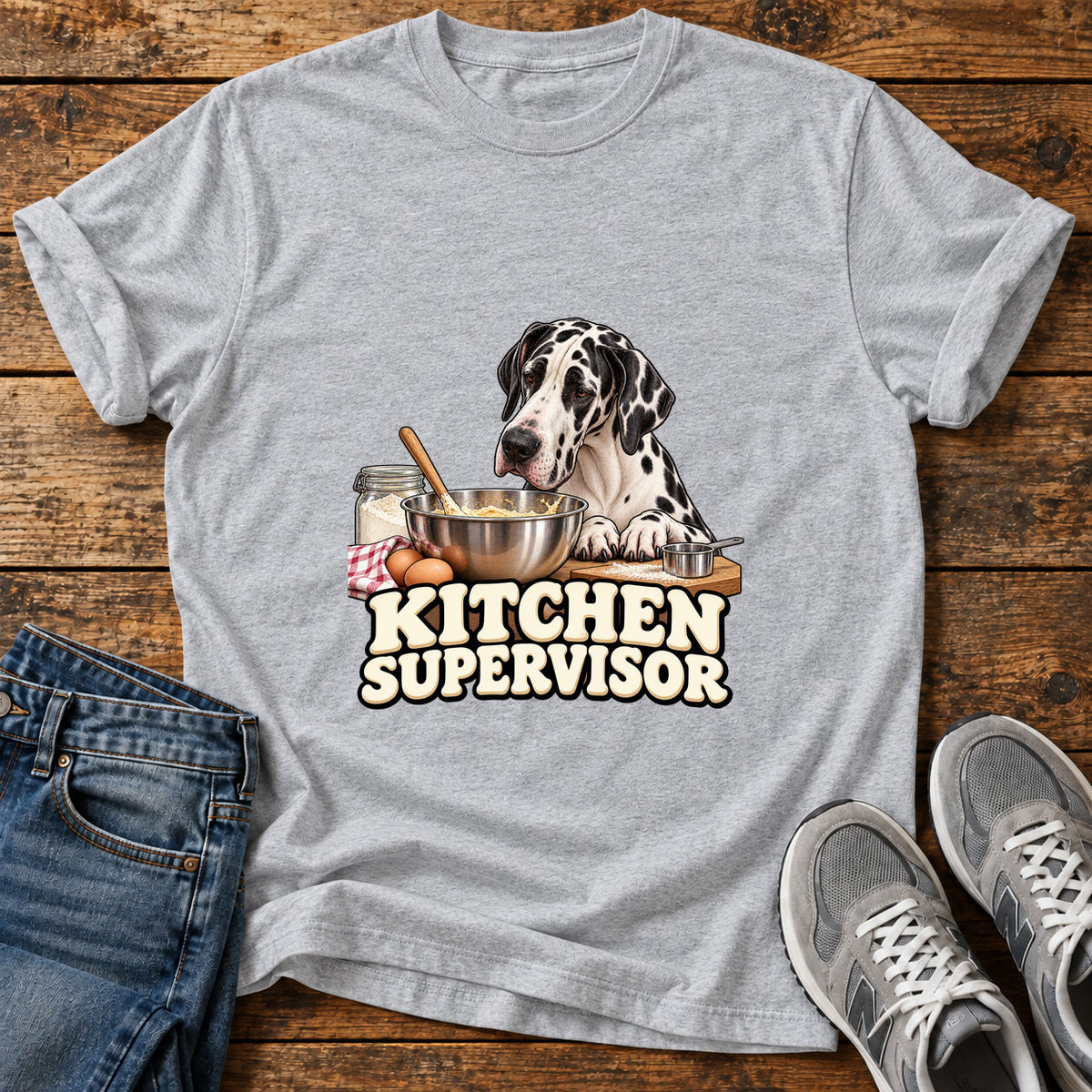 Kitchen Supervisor Great Dane graphic T-shirt in Sport Grey, shown on a flat-lay shirt mockup