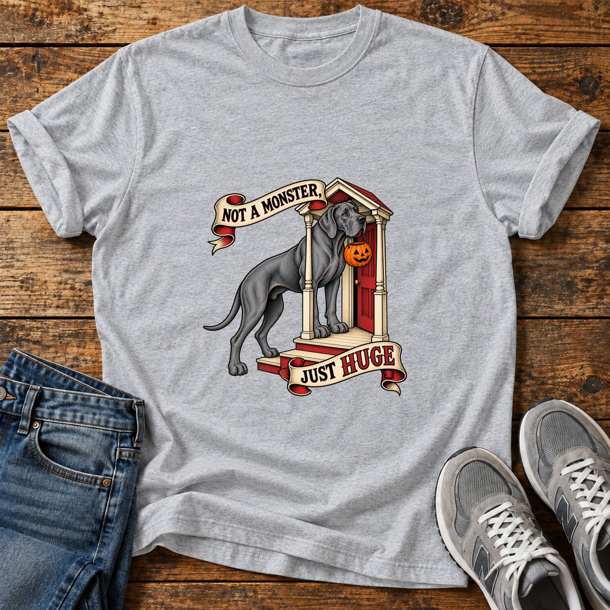 Not A Monster Great Dane graphic T-shirt in Sport Grey, shown on a flat-lay shirt mockup