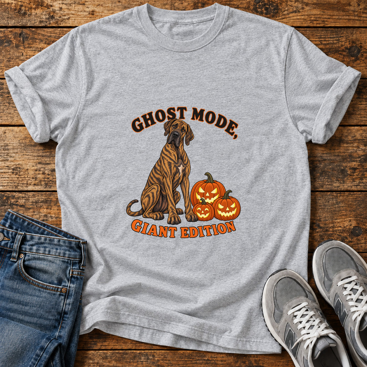 Ghost Mode Giant Great Dane graphic T-shirt in Sport Grey, shown on a flat-lay shirt mockup