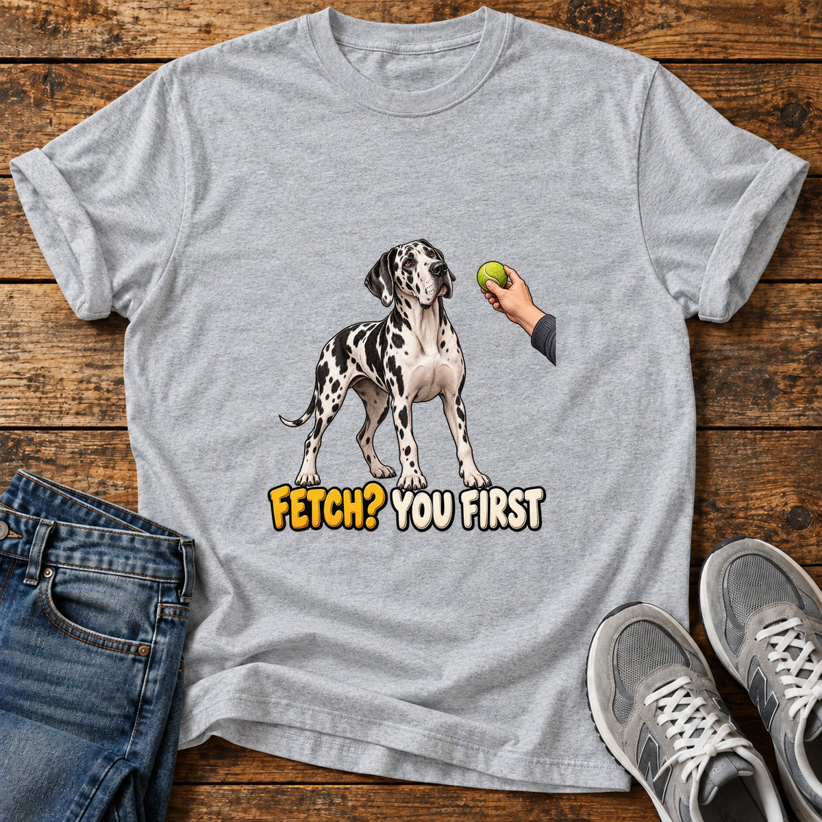 Fetch You First Great Dane graphic T-shirt in Sport Grey, shown on a flat-lay shirt mockup