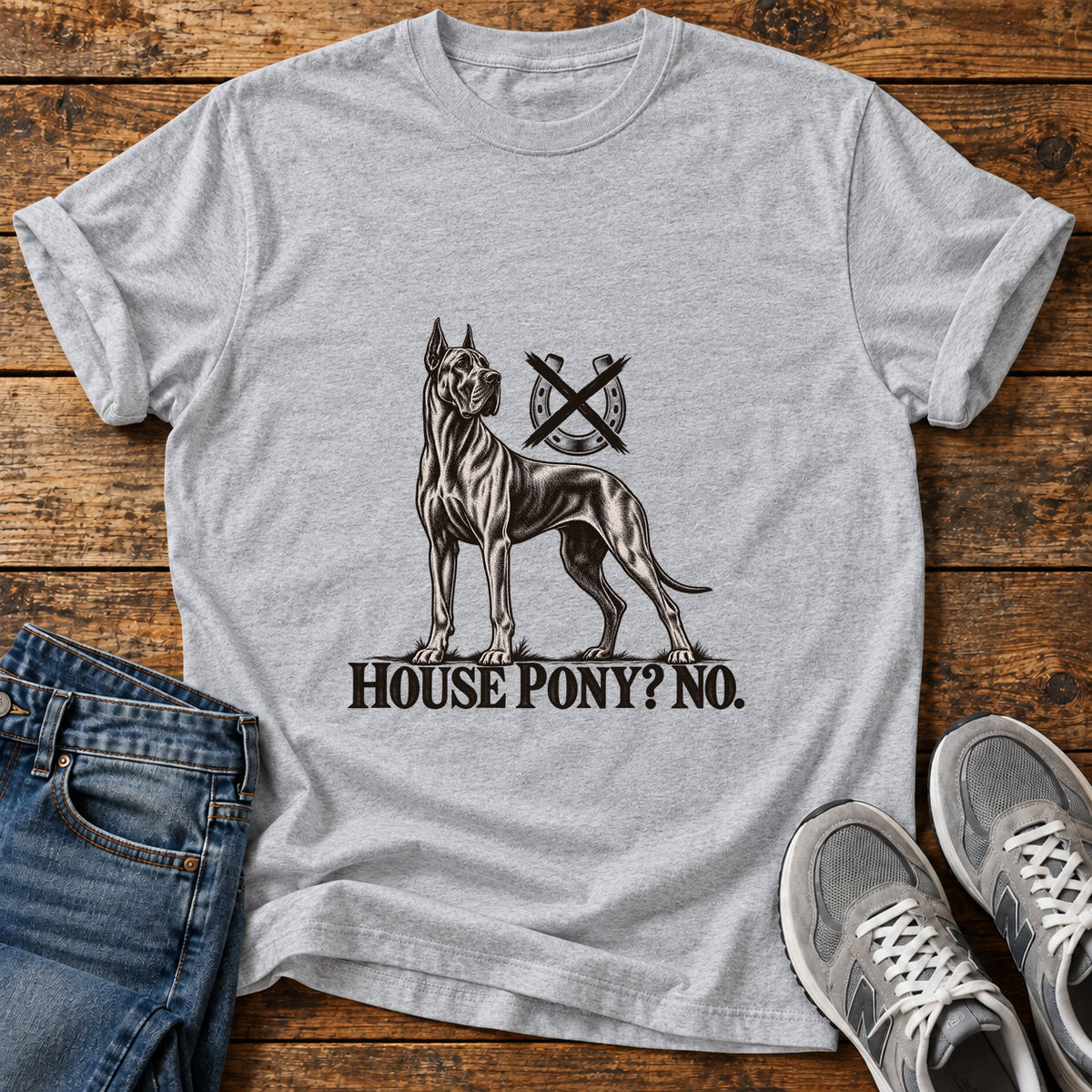 House Pony No Great Dane graphic T-shirt in Sport Grey, shown on a flat-lay shirt mockup