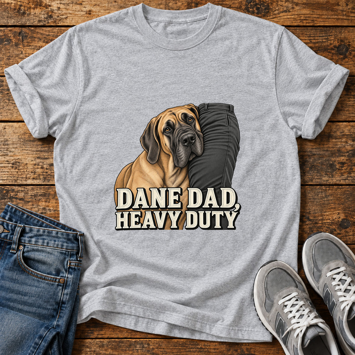 Dane Dad Duty Great Dane graphic T-shirt in Sport Grey, shown on a flat-lay shirt mockup