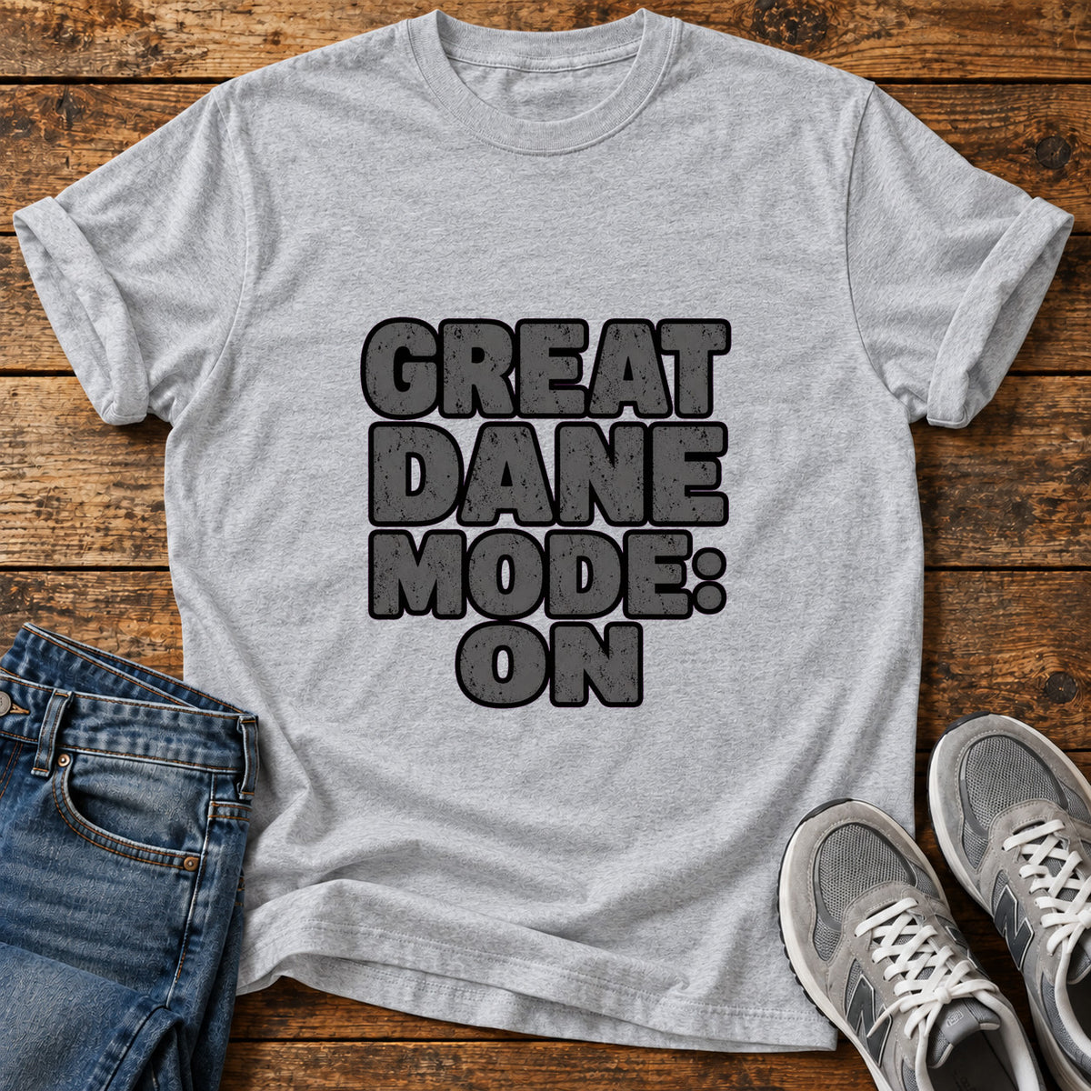 Great Dane Mode graphic T-shirt in Sport Grey, shown on a flat-lay shirt mockup