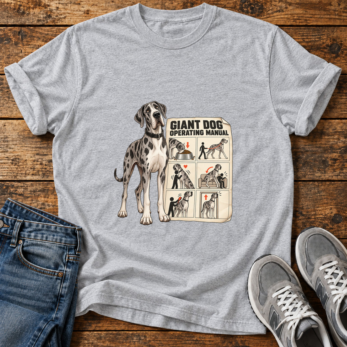Giant Dog Guide Great Dane graphic T-shirt in Sport Grey, shown on a flat-lay shirt mockup