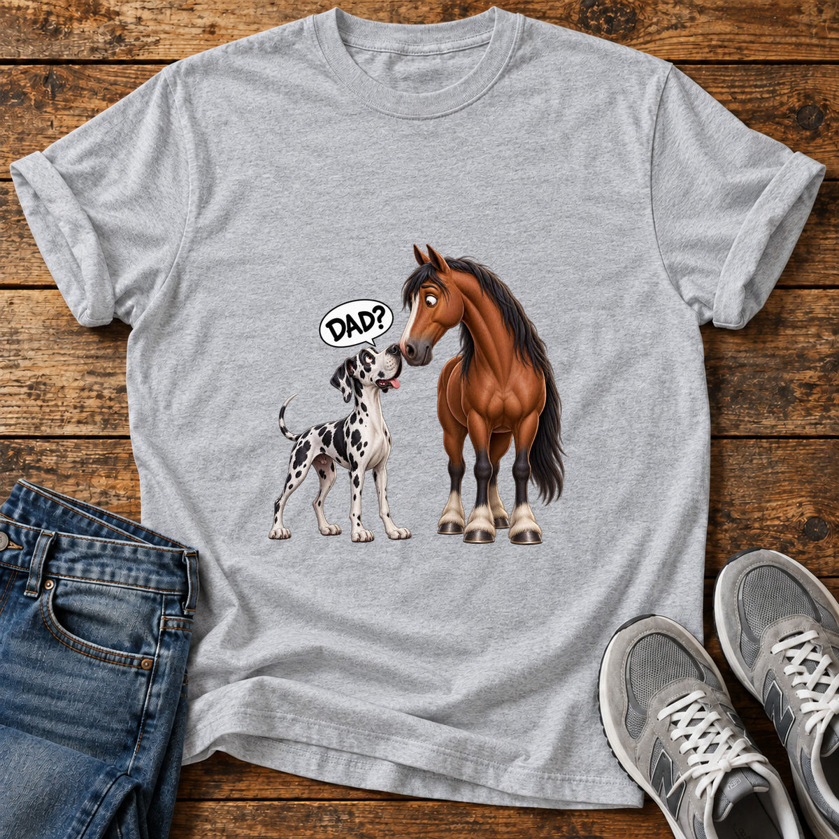 Dad Question Great Dane graphic T-shirt in Sport Grey, shown on a flat-lay shirt mockup