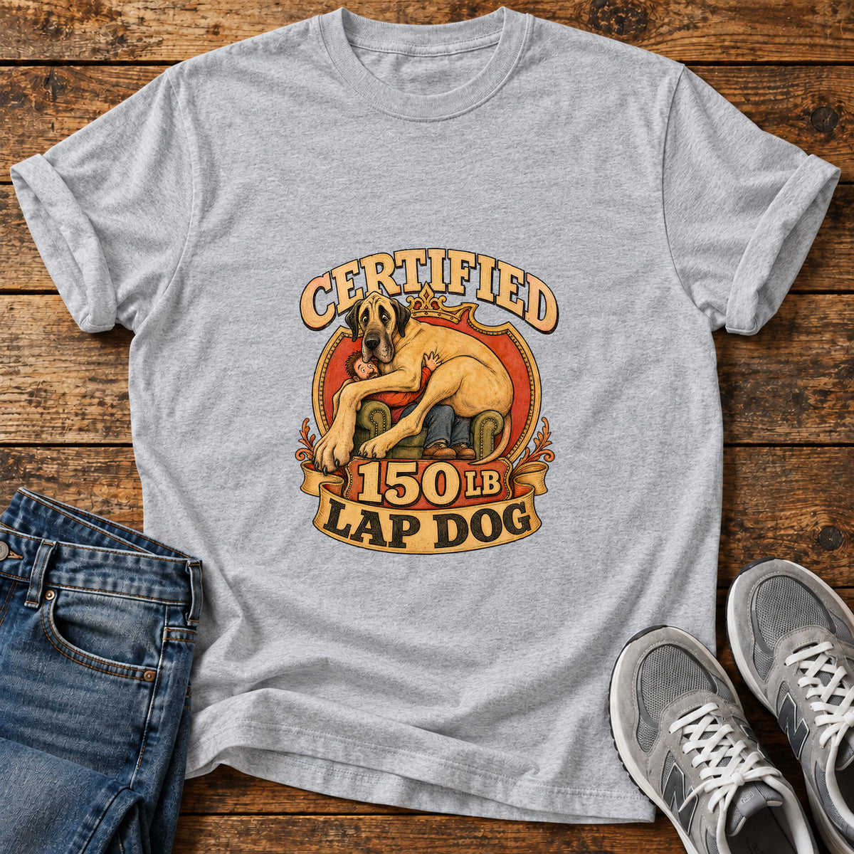Certified Lap Dog Great Dane graphic T-shirt in Sport Grey, shown on a flat-lay shirt mockup