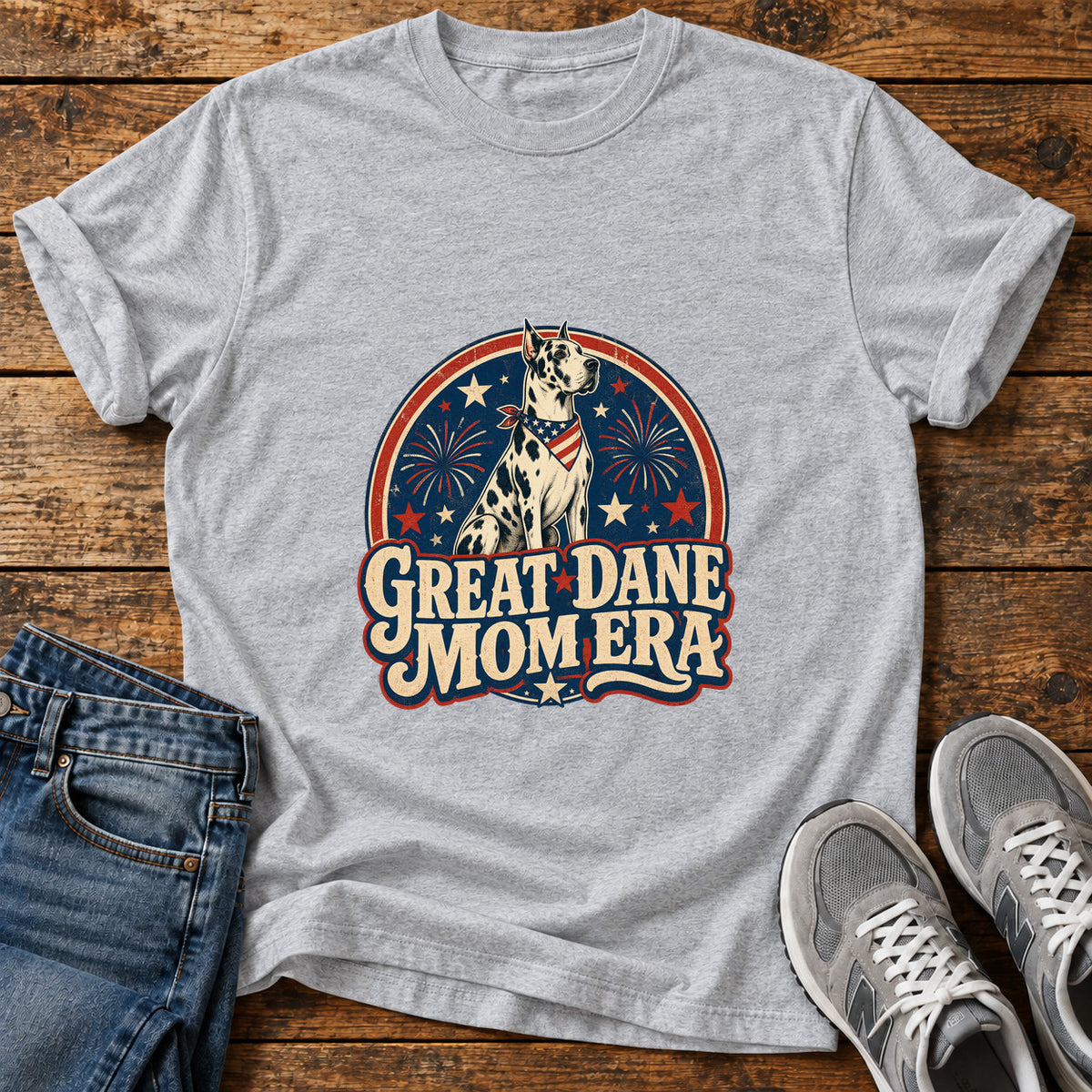Great Dane Mom graphic T-shirt in Sport Grey, shown on a flat-lay shirt mockup