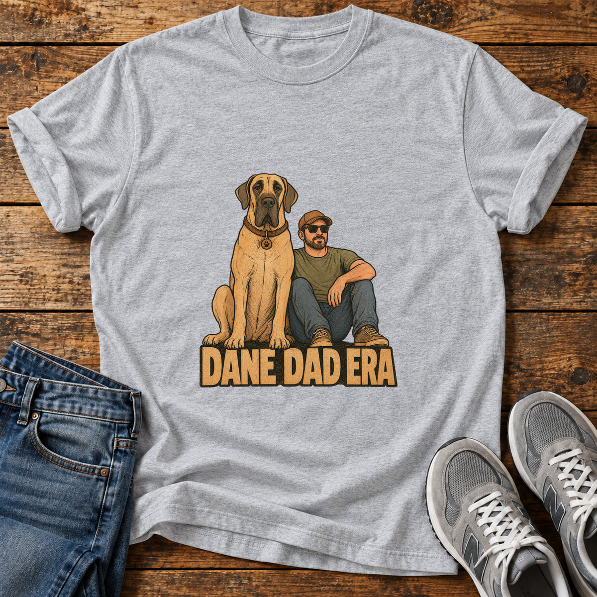 Dane Dad Era Great Dane graphic T-shirt in Sport Grey, shown on a flat-lay shirt mockup