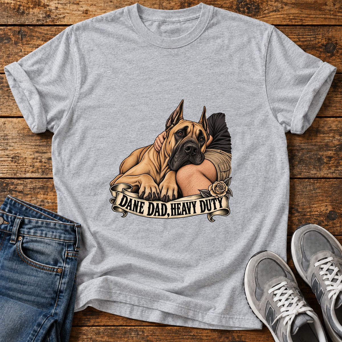 Dane Dad Duty Great Dane graphic T-shirt in Sport Grey, shown on a flat-lay shirt mockup