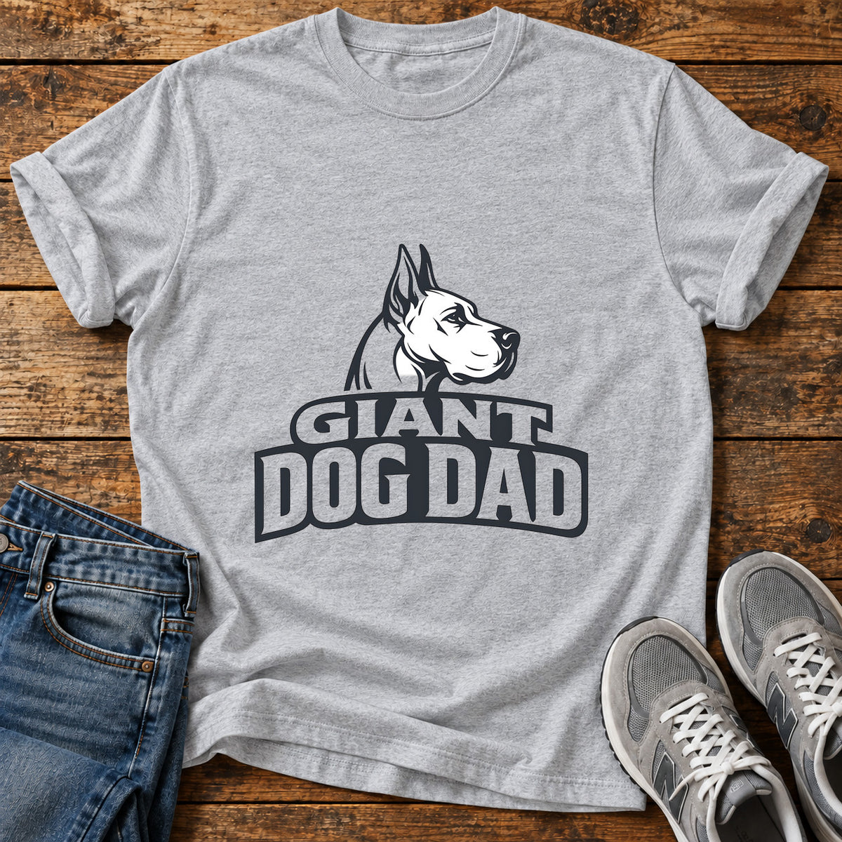 Giant Dog Dad Great Dane graphic T-shirt in Sport Grey, shown on a flat-lay shirt mockup