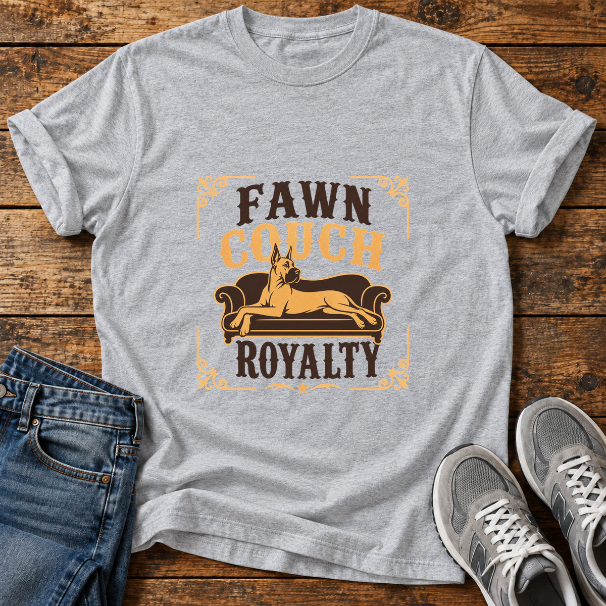 Fawn Couch Royalty Great Dane graphic T-shirt in Sport Grey, shown on a flat-lay shirt mockup