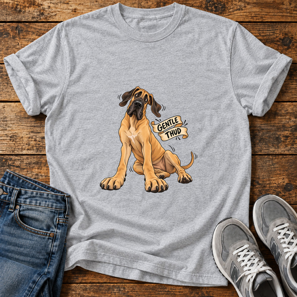 Gentle Thud Great Dane graphic T-shirt in Sport Grey, shown on a flat-lay shirt mockup