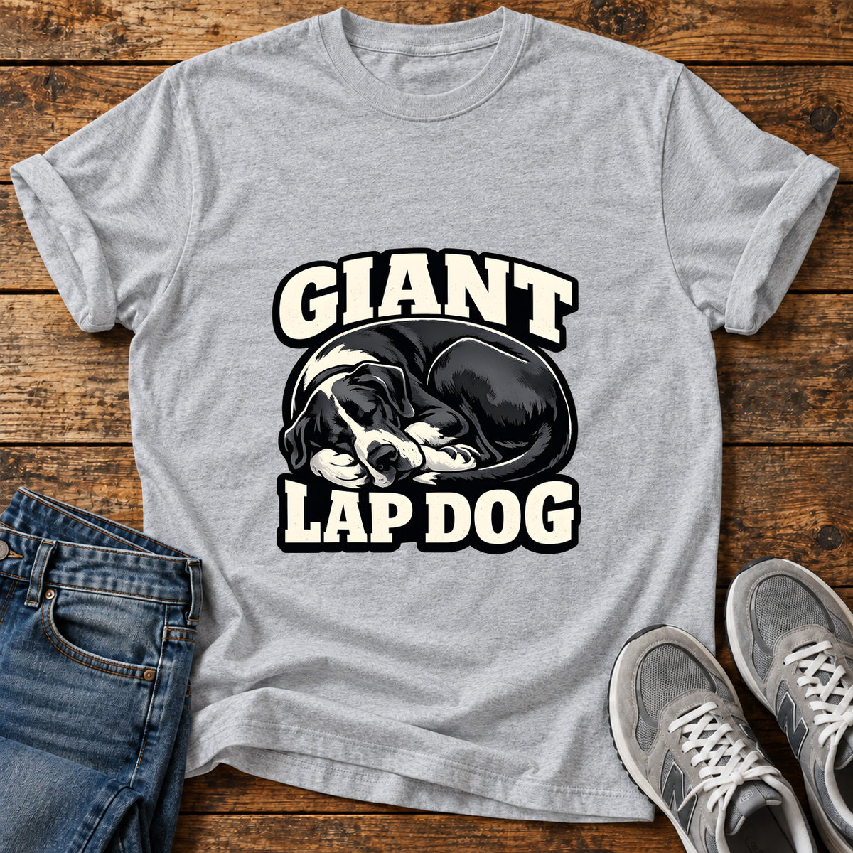 Giant Lap Dog Great Dane graphic T-shirt in Sport Grey, shown on a flat-lay shirt mockup