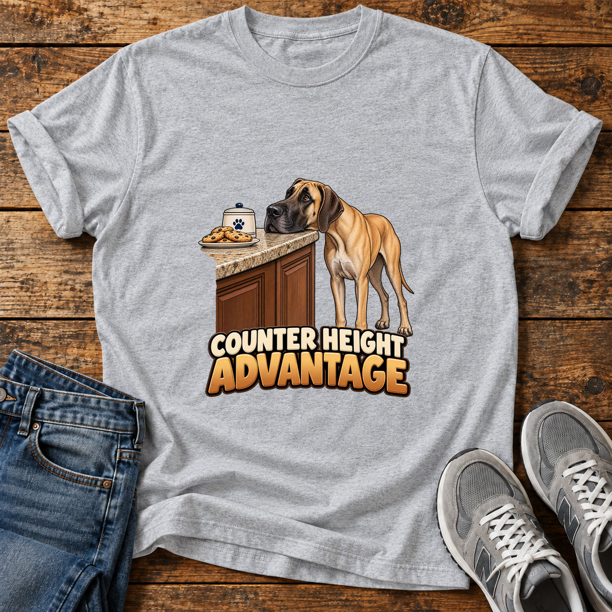 Counter Height Advantage Great Dane graphic T-shirt in Sport Grey, shown on a flat-lay shirt mockup