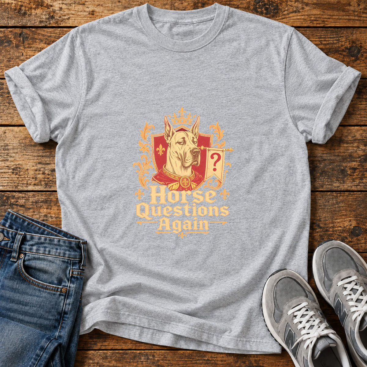 Horse Questions Again Great Dane graphic T-shirt in Sport Grey, shown on a flat-lay shirt mockup