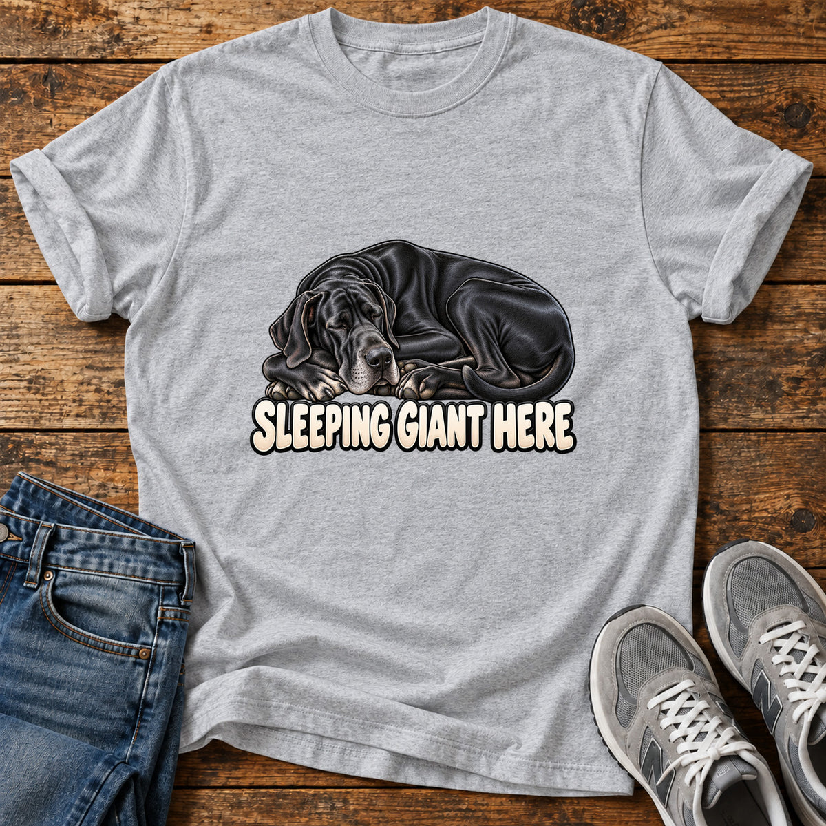 Sleeping Giant Great Dane graphic T-shirt in Sport Grey, shown on a flat-lay shirt mockup