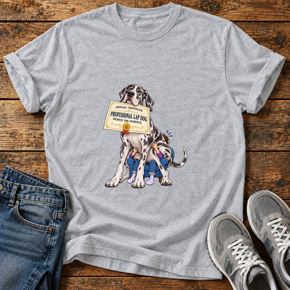 Professional Lapdog Great Dane graphic T-shirt in Sport Grey, shown on a flat-lay shirt mockup