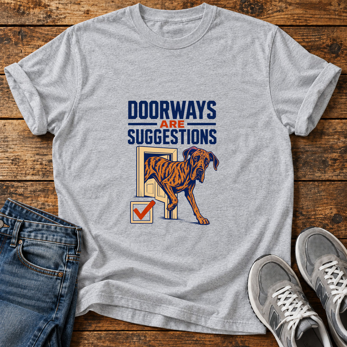 Doorways Suggestions Great Dane graphic T-shirt in Sport Grey, shown on a flat-lay shirt mockup