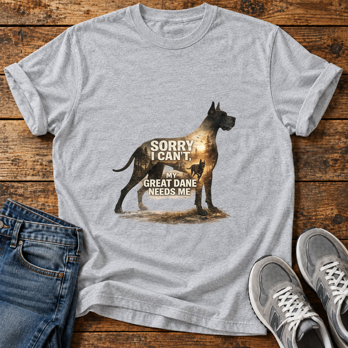 Great Dane Love graphic T-shirt in Sport Grey, shown on a flat-lay shirt mockup