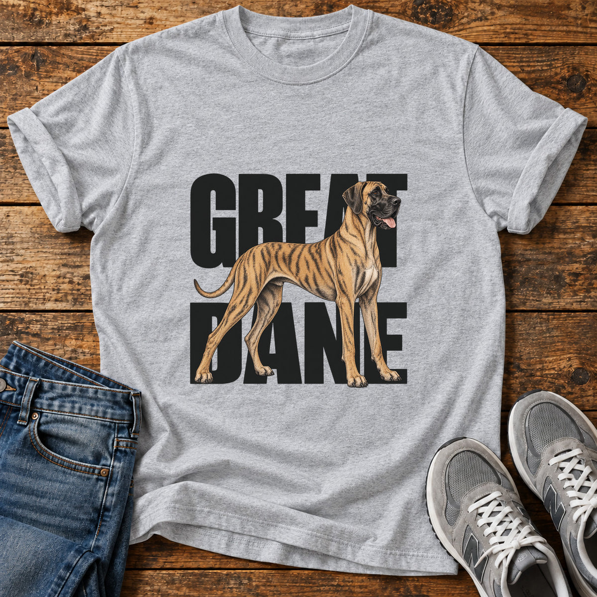 Great Dane graphic T-shirt in Sport Grey, shown on a flat-lay shirt mockup