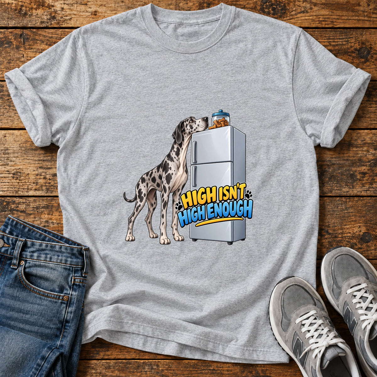 High Isn't Enough Great Dane graphic T-shirt in Sport Grey, shown on a flat-lay shirt mockup