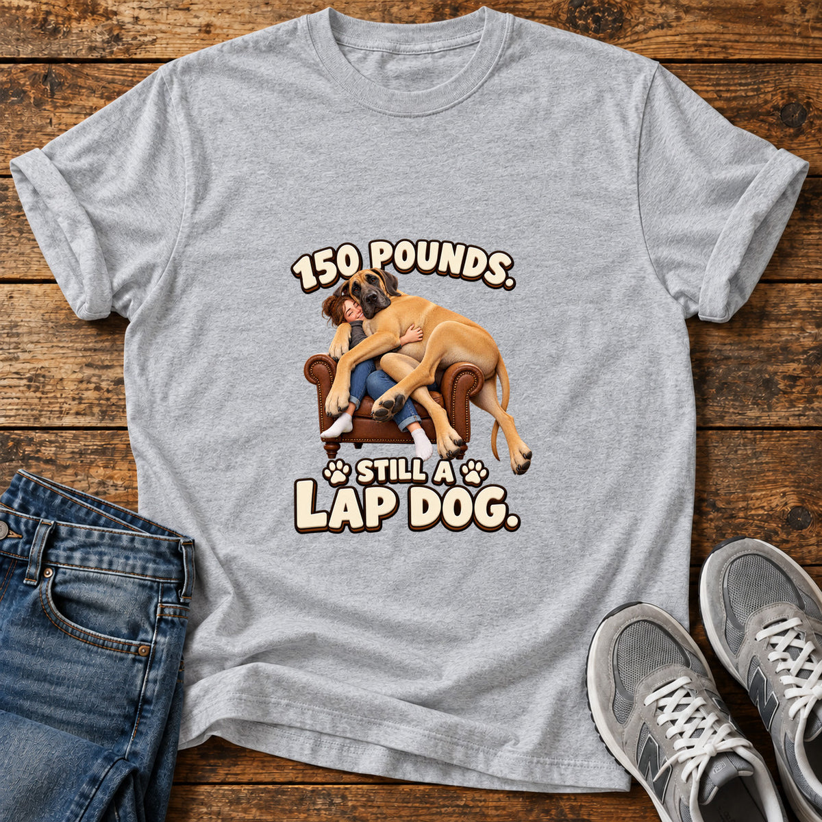 Lap Dog Life Great Dane graphic T-shirt in Sport Grey, shown on a flat-lay shirt mockup