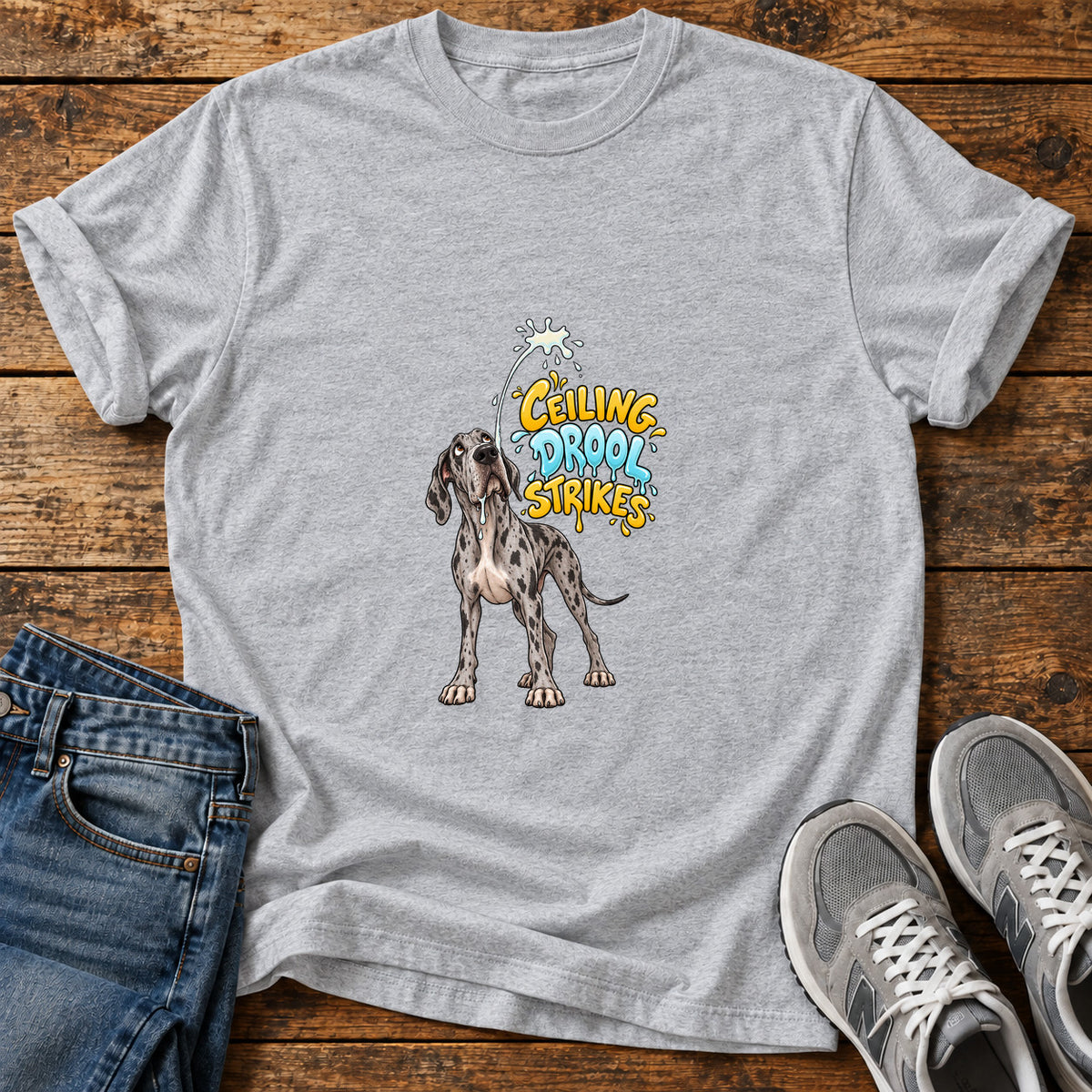 Ceiling Drool Strikes Great Dane graphic T-shirt in Sport Grey, shown on a flat-lay shirt mockup