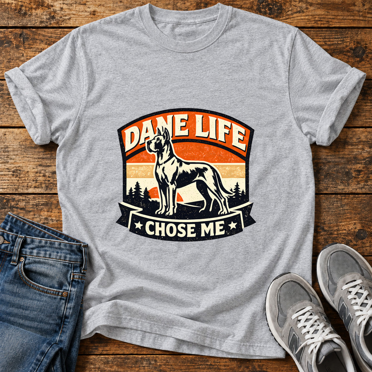 Dane Life Great Dane graphic T-shirt in Sport Grey, shown on a flat-lay shirt mockup